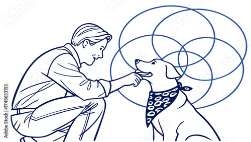 A Man Connecting with His Pet in a Calm Environment, Illustration, Nature, Lifestyle