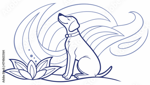 Dog in Meditative Pose Surrounded by Lotus Flowers - Tranquil Illustration for Relaxation and Mindfulness