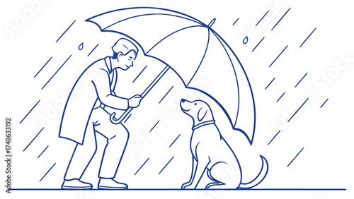 Man Sheltering Dog with Umbrella in Rainy Park Illustration