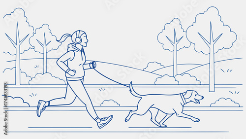 Person Jogging with Dog in Park, Outdoor Activity, Lifestyle Illustration, Nature Environment, Side View, Healthy Living Concept