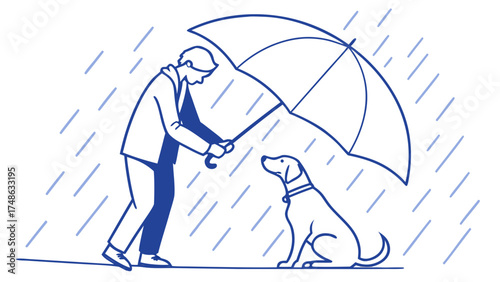Person Holding Umbrella for Dog in Rainy Park - Illustration of Caring Relationship