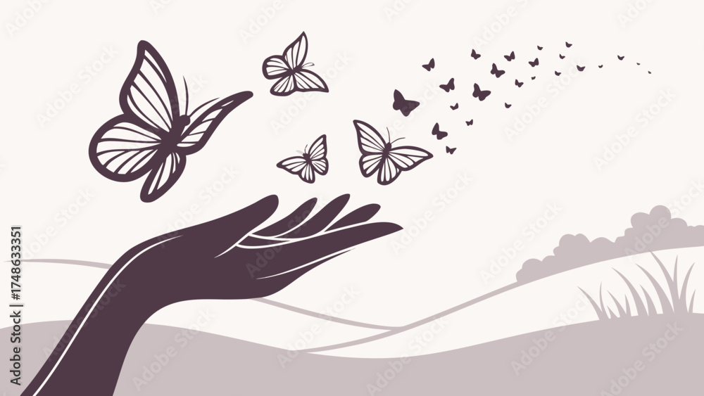 Fototapeta premium Joyful Experience of Butterflies Escaping from Hand in Serene Nature Landscape