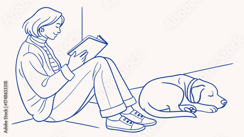 Cozy Reading Session with Dog, Indoor Setting, Illustration, Relaxed Atmosphere