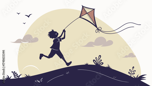 Child Flying Kite in Nature, Outdoor Adventure, Playful Scene, Scenic Landscape, Joyful Environment