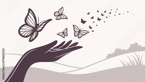 Joyful Experience of Butterflies Escaping from Hand in Serene Nature Landscape