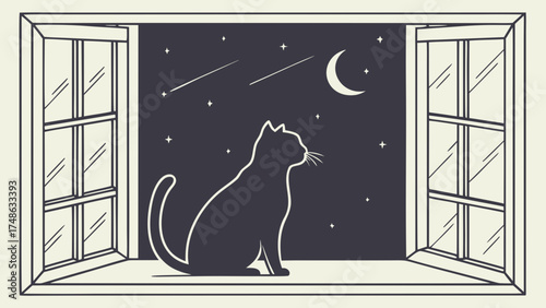 Curious Cat Gazing at Moonlit Night from a Cozy Window - Illustration in Tranquil Environment