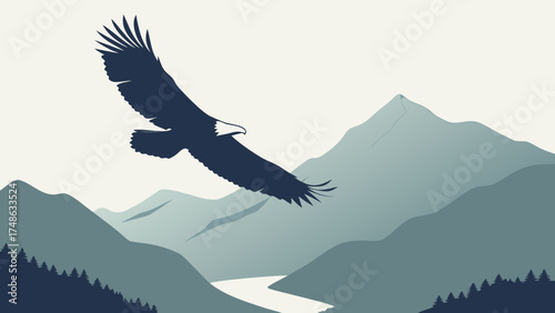 Majestic Eagle in Flight Over Serene Mountain Landscape - Nature Illustration - Tranquil Environment - Aerial Perspective