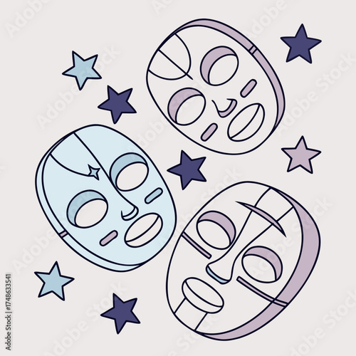 Abstract facial masks with star accents create a stunning visual for beauty, spa, and wellness branding, design, and marketing
