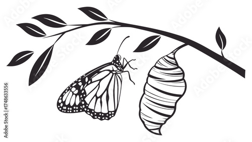 Butterfly Emerging from Chrysalis on Branch in Natural Environment