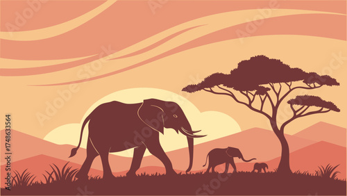 Elephants Walking Through a Scenic Landscape at Sunset in Nature Illustration