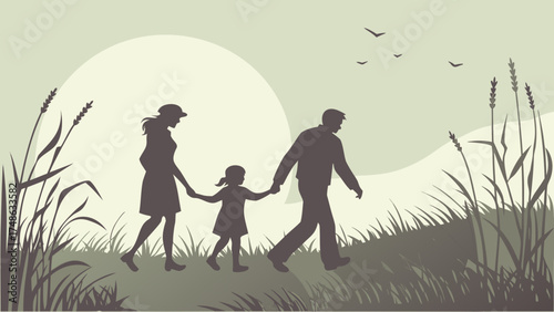 Family Stroll in Nature, Parents and Child, Scenic Landscape, Illustration, Peaceful Environment, Side View, Family Bonding