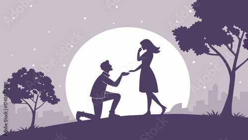 Romantic Proposal Under the Moonlight, Couple, City Park, Illustration, Evening, Side View, Love and Commitment