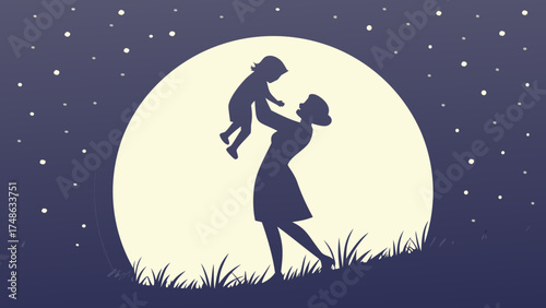 Mother Joyfully Lifting Baby Under Moonlight in Silhouette Illustration