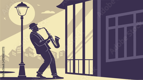 Musician Playing Saxophone Under Streetlight in Urban Setting