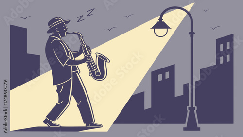 Jazz Musician Playing Saxophone Under Streetlight in Urban Nightscape Illustration