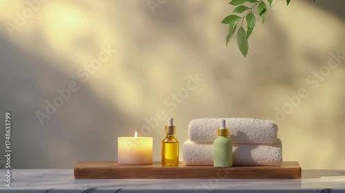 A wooden shelf with candles, oils, and towels. The candles are lit and the oils are in bottles. The towels are stacked on top of each other. The scene gives off a relaxing and calming atmosphere