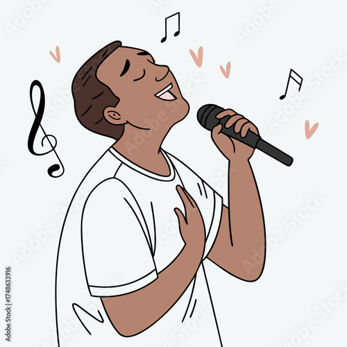 Passionate singer expressing himself through music with love, a captivating performance, celebrating musical expression and artistic talent, music notes