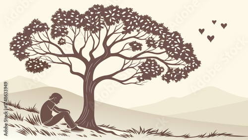 Lone Figure Under Heart-Shaped Tree Canopy in Serene Landscape Illustration