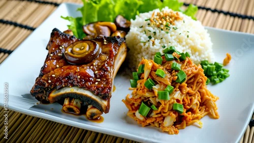A plate of food with rice, meat, and vegetables. The plate is on a table with a woven mat underneath it