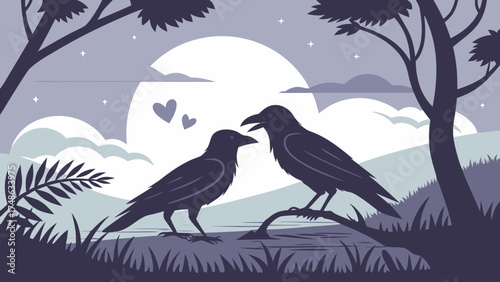 Two Ravens in Love at Moonlit Forest Clearing, Illustrative Night Scene