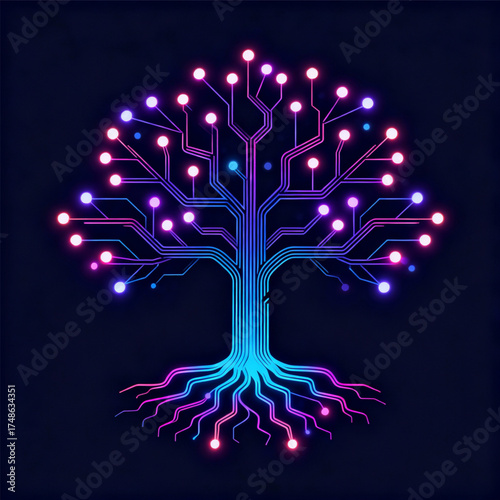 Decentralized Network Tree with Glowing Roots - Vector Concept