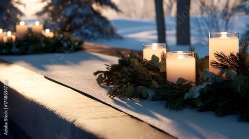Serene winter scene featuring lit candles on a snowy table adorned with evergreen wreaths at sunset