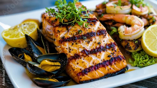 A plate of food with salmon, shrimp, and lemon slices. The salmon is grilled and has a nice presentation