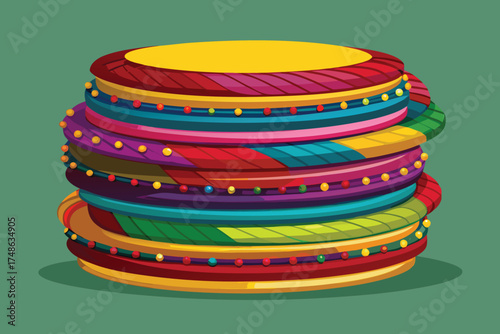 Stack of colorful decorative bangles with festive lights and a green background bracelet