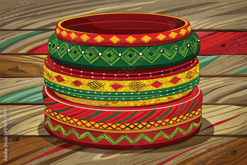 Stack of colorful ethnic bangles with geometric patterns on wooden planks bracelets jewelry