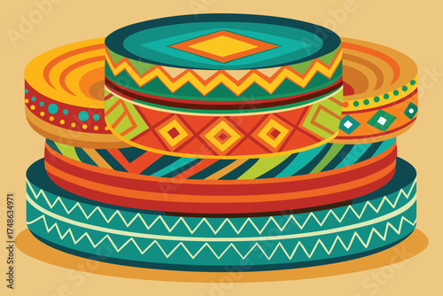 Stack of colorful geometric patterned bangles on a soft yellow background bracelets jewelry