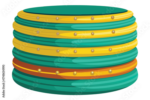 Stack of teal and yellow bangles with gold bead accents on a white background bracelet