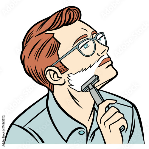 Illustration of man shaving his beard with razor blade for personal grooming and facial hair removal routine