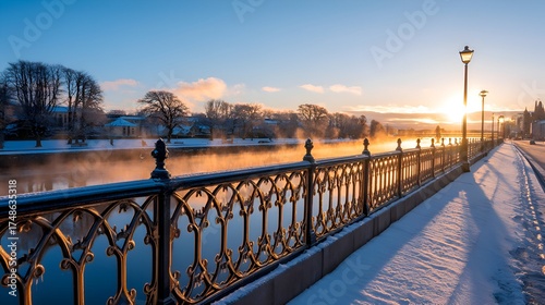 Serene winter morning by the river with fog rising, street lamps glowing, and a peaceful snowy landscape
