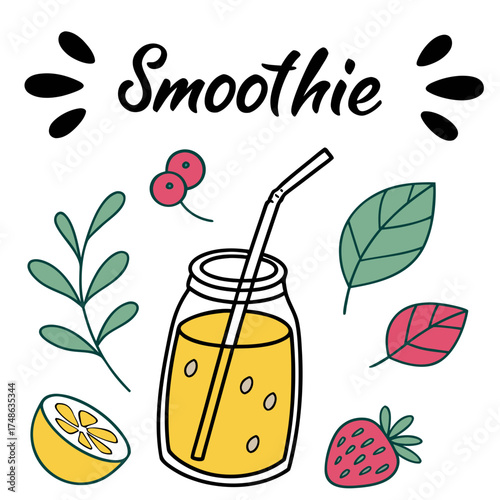Fresh smoothie illustration with fruits and leaves creating a vibrant and healthy drink concept for wellness and nutrition promotion