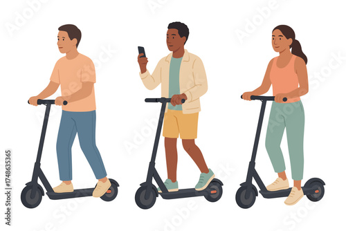 Group of people riding black electric scooters, modern urban mobility