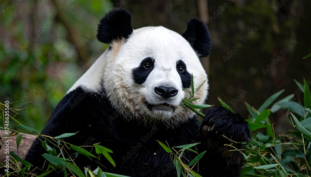 Fototapeta premium A close-up of a giant panda peacefully munching on bamboo leaves in a natural habitat setting. The panda's black and white fur is detailed