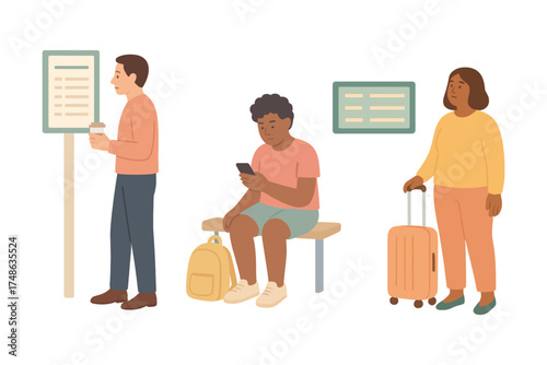 People waiting at public transport station, travel and commuting concept