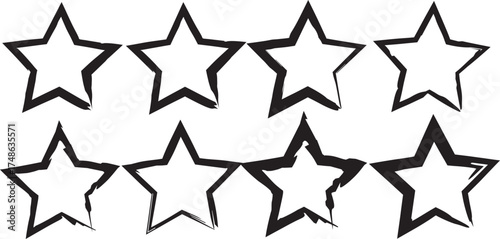 Grunge Hand Drawn Stars Vector Set: Distressed Black Star Outlines for Rating Systems, Review Icons, and Decorative Design Elements

