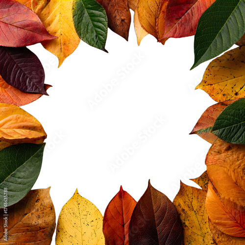 Colorful Autumn Foliage Frame, Vibrant Seasonal Leaves in a Beautiful Border Arrangement, Natural Organic Elements, Transparent Png Cutout