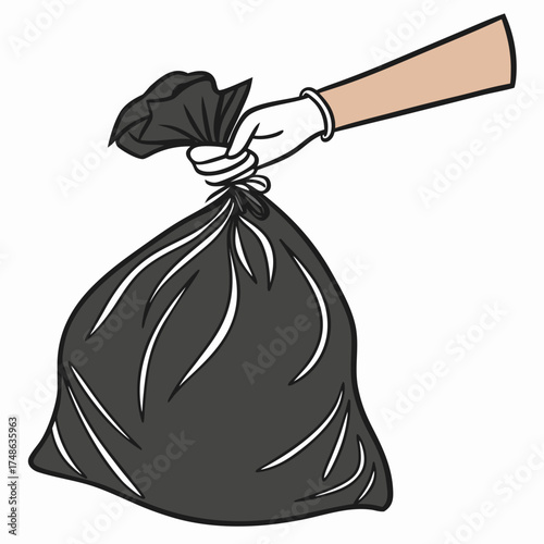 Black garbage bag held by hand vector illustration for waste management and environmental cleaning concept