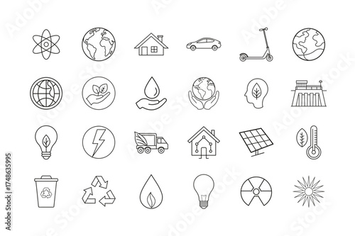 Eco Urbanism Editable Line Icons Collection — Modern Thin Line Vector Set Featuring Sustainable City Design, Green Energy, Urban Ecology, Zero Waste, and Environmental Quality