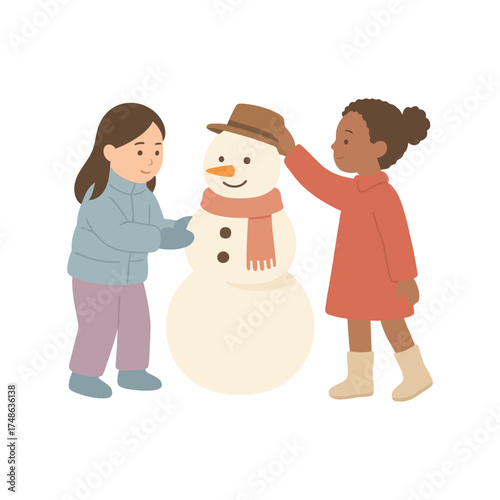 Children decorating a snowman, winter fun and holiday spirit