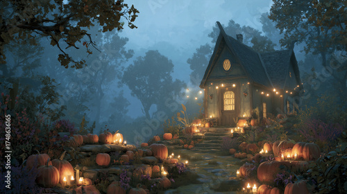 Witchâs cottage surrounded by pumpkins, candles, and swirling autumn mist