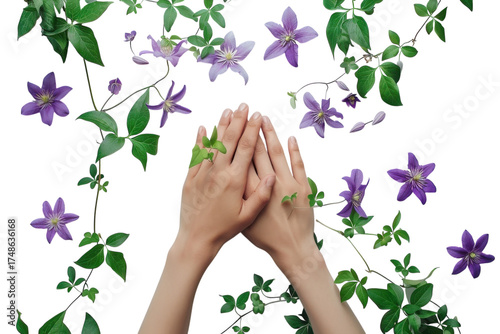 Delicate hands surrounded by vibrant purple flowers and lush green vines on a soft white background