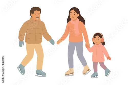 Family ice skating together, winter fun and outdoor activities