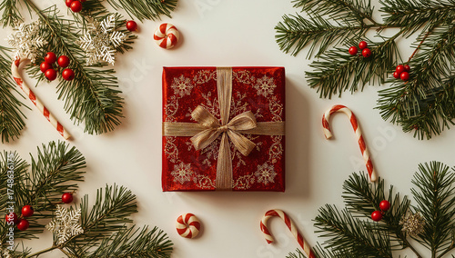 red gift box adorned with intricate golden patterns, a lush green pine branch with delicate snowflakes, colorful candy canes, and clusters of mistletoe berries