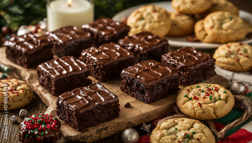 Chocolate brownies and assorted cookies on a rustic wooden table. Delicious sweets or dessert