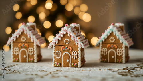 Close-up of intricately decorated gingerbread houses with vibrant icing on blurred backdrop. Delicious sweets or dessert. Christmas and New Year background