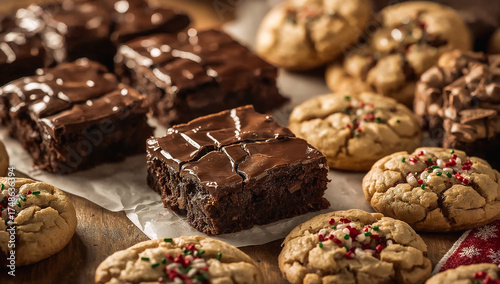Chocolate brownies and assorted cookies on a rustic wooden table. Delicious sweets or dessert