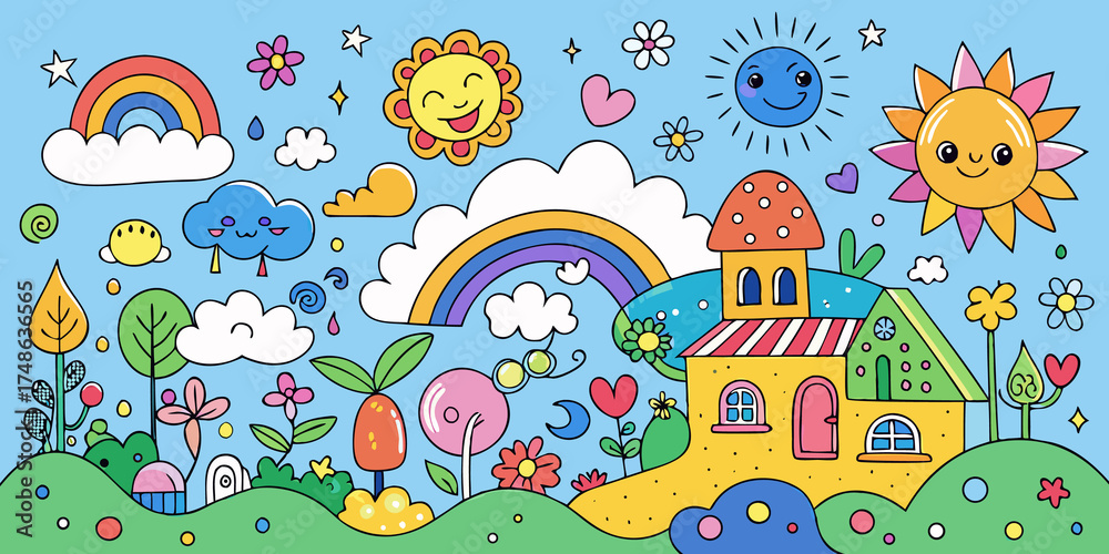 Naklejka premium Vector seamless Easter pattern with cartoon rabbits, eggs, flowers, and spring nature landscape illustration